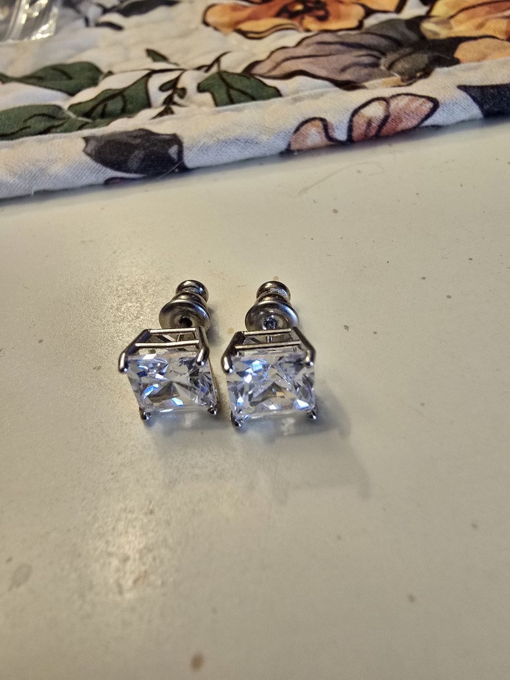 Silver Cubic Zirconia Square Stud Earrings - Clear